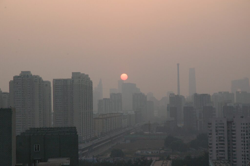 Smog in Beijing, China (Architecture and Buildings) beijing,china,city,cityscape,sunset,buildings