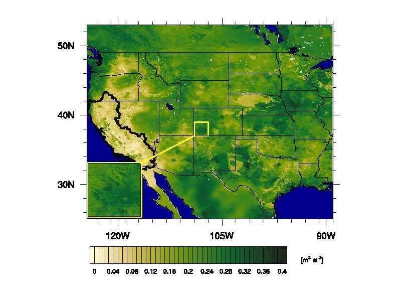 Simulated daily surface (0-10 cm) soil moisture at 00Z on 25 September 2014 over the Western Land Data Assimilation System (WLDAS) domain. The inset map highlights the 1 km grid spacing of WLDAS products, and the black line encompasses the California Region basin.