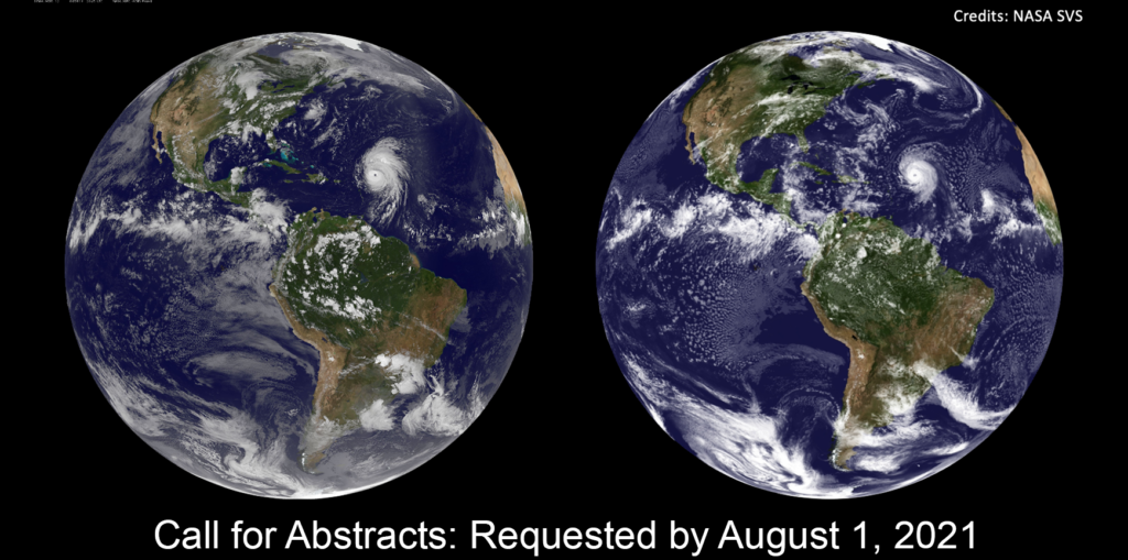 A flat image of the Earth, underneath it says "Abstracts: Requested by August 1, 2021