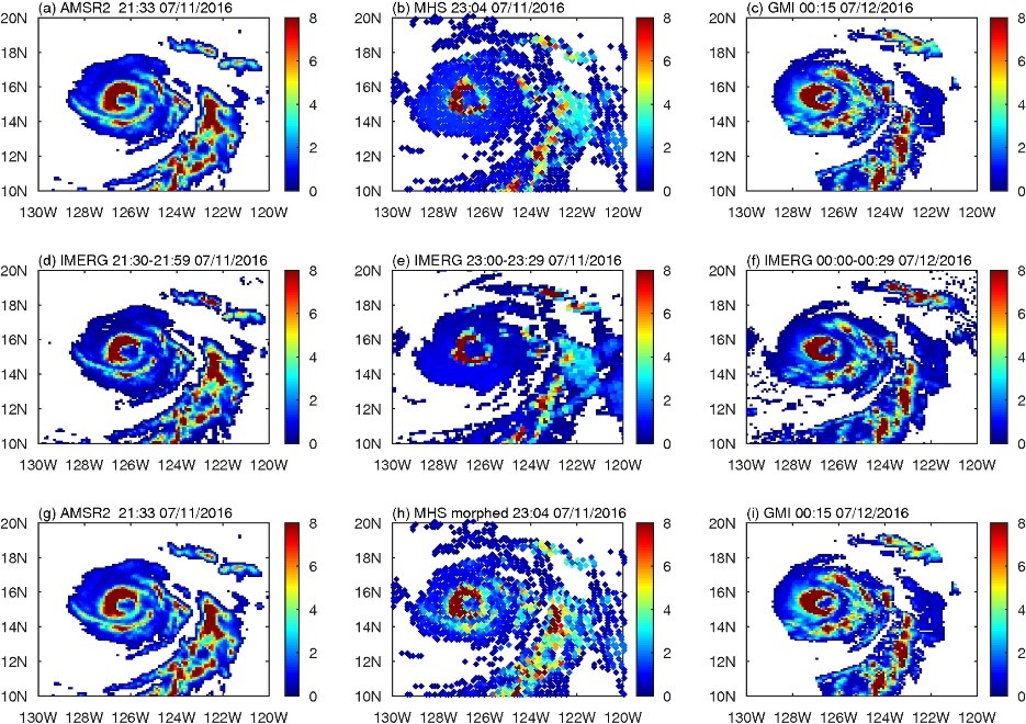 Figure: This is the time sequence of three precipitation fields for hurricane Celia in July 2016, from GPROF for AMSR2, MHS, and GMI (first row), IMERG (second row), and our new method. For IMERG and GPROF, the inner rainbands disappear and then reappear. Our new method can clearly capture the rainbands near the hurricane center after the morphing for MHS (second subplot in the third row)