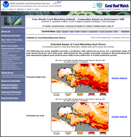 Top panel shows predicted bleaching heat stress ranges for the Caribbean, issued September 14, 2021. Lower panel shows 75th and 50th percentile values of week-of-year (x-axis) and lead-time dependent (y-axis) Heidke Skill Scores among the data grids in the Florida Keys 5km Regional Virtual Station, at the 60% ensemble probability.