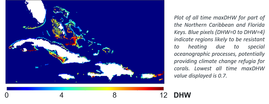 Plot of all time maxDHW for part of the Northern Caribbean and Florida Keys. Blue pixels (DHW=0 to DHW=4) indicate regions likely to be resistant to heating due to special oceanographic processes, potentially providing climate change refugia for corals. Lowest all time maxDHW value displayed is 0.7.