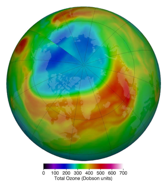 The Arctic “ozone hole” in March 2020. (NASA)