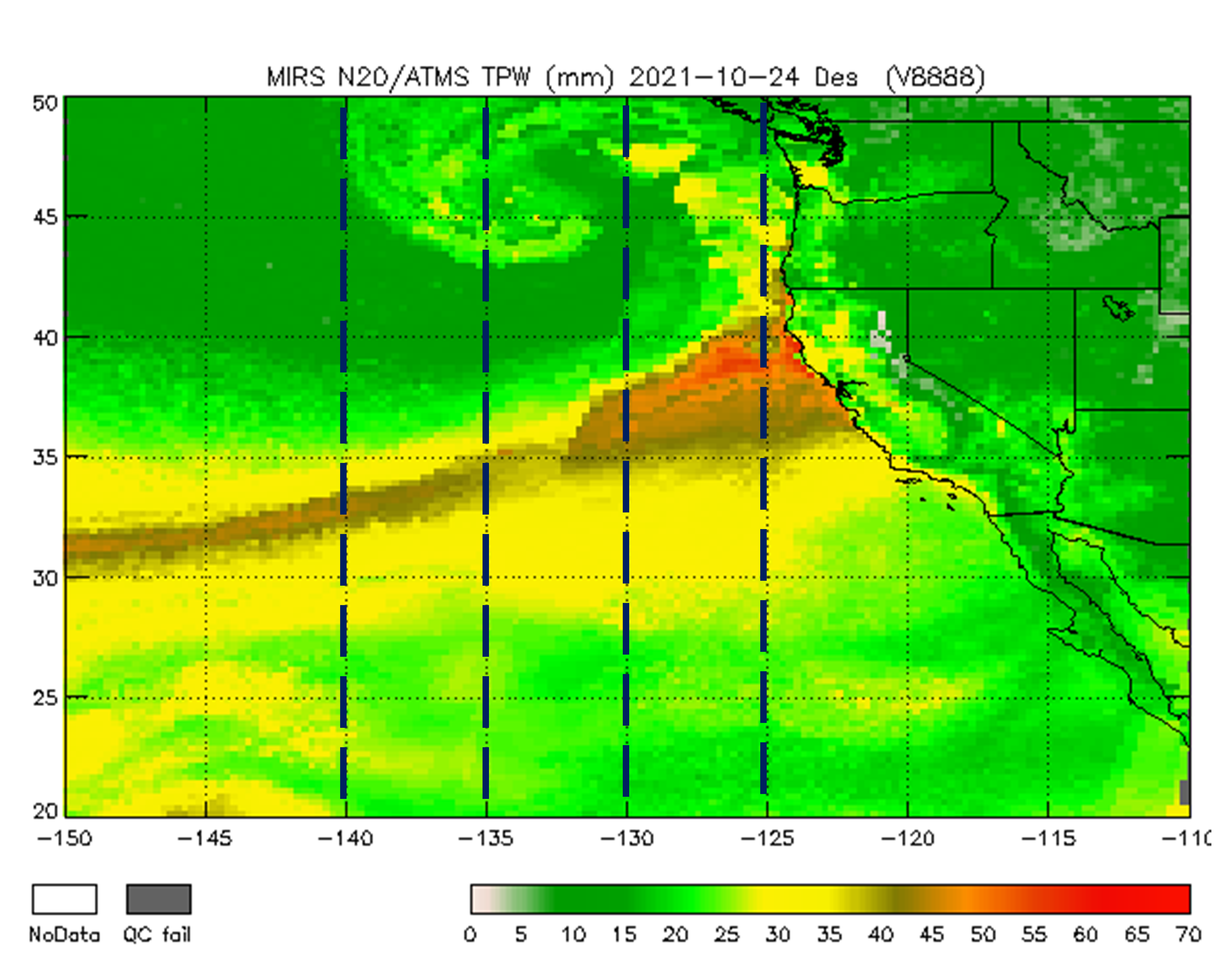 Figure 1. MiRS NOAA-20/ATMS retrieved TPW (descending and ascending orbits) on 24 October 2021 over the eastern Pacific and West Coast region. The atmospheric river is clearly seen. Locations of the four vertical cross-sections shown in Figure 2 are indicated by the dashed lines.
