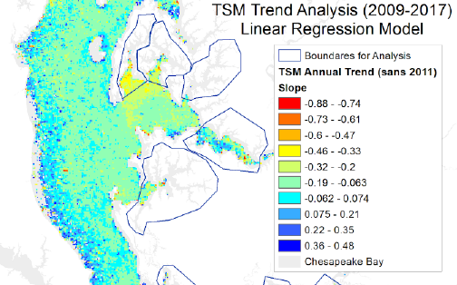 Temporal trend in TSM, represented spatially, shows highest negative slope (decreasing rate of change in TSM over time) in areas of most mature restored oyster reefs in the central portion of Chesapeake Bay.