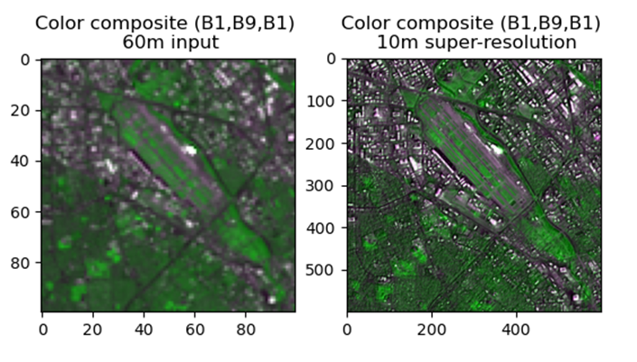 Two images of color composite (B1, B9, B1). On the left we see a blurry map image of 60m input, on the right the same image is clearer at 10m super resolution