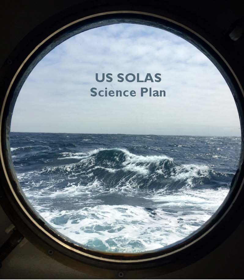 Page 1 of the SOLAS report; an image of a porthole looking towards an ocean is the background, with "US SOLAS Science Plan" appearing in front of it.