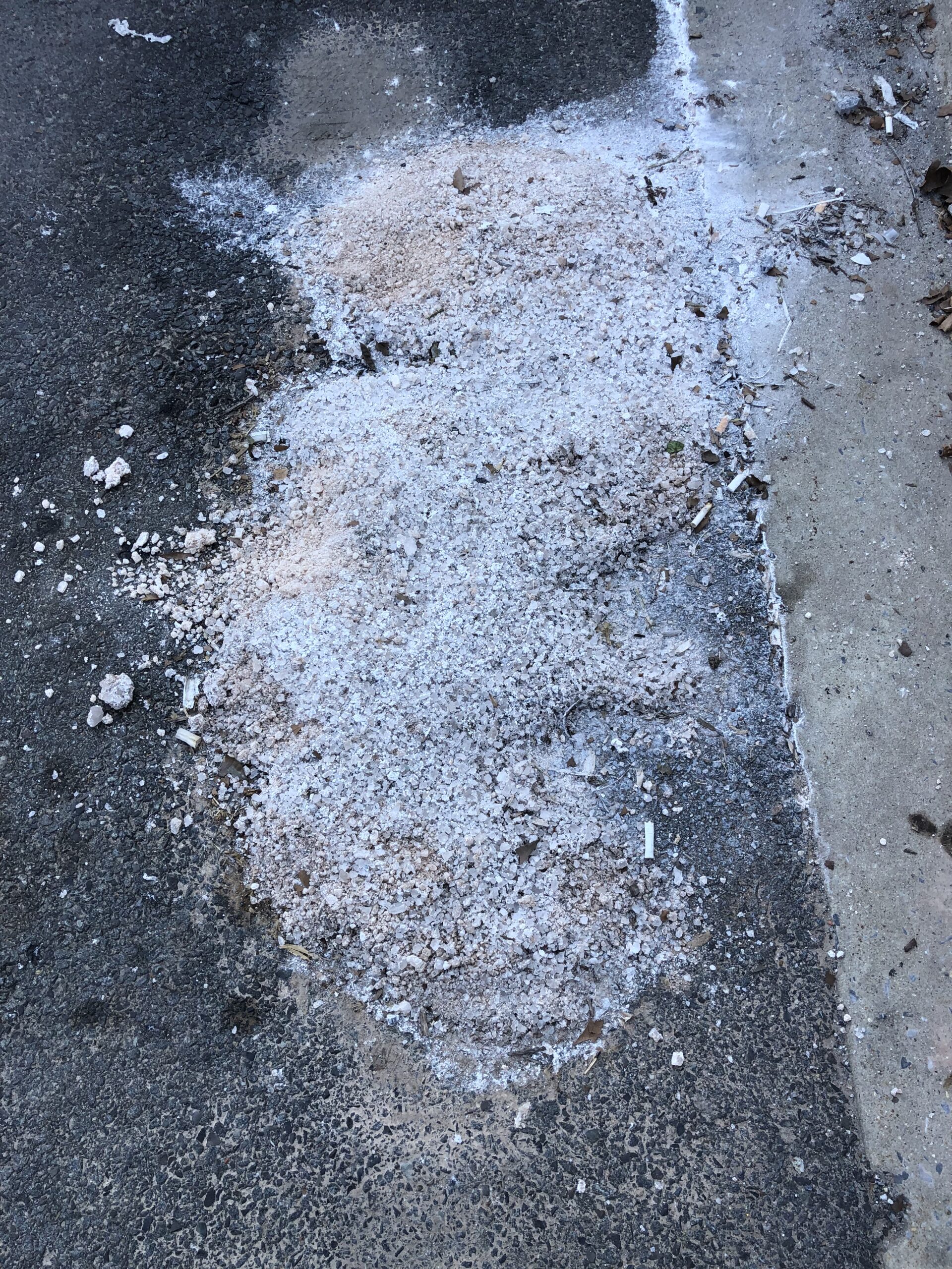 Road salt after winter storm. The salinization from winter road salt combined with other pollutants creates “chemical cocktails” that can jeopardize the ecological balance of waterways. Credit: Sujay Kaushal.