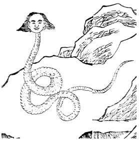 Caption: Illustration of Nüwa from Classic of Mountains and Seas. Zhang accompanies the article with stark visuals of statues, temples, and art meant to illustrate and honor the gods.