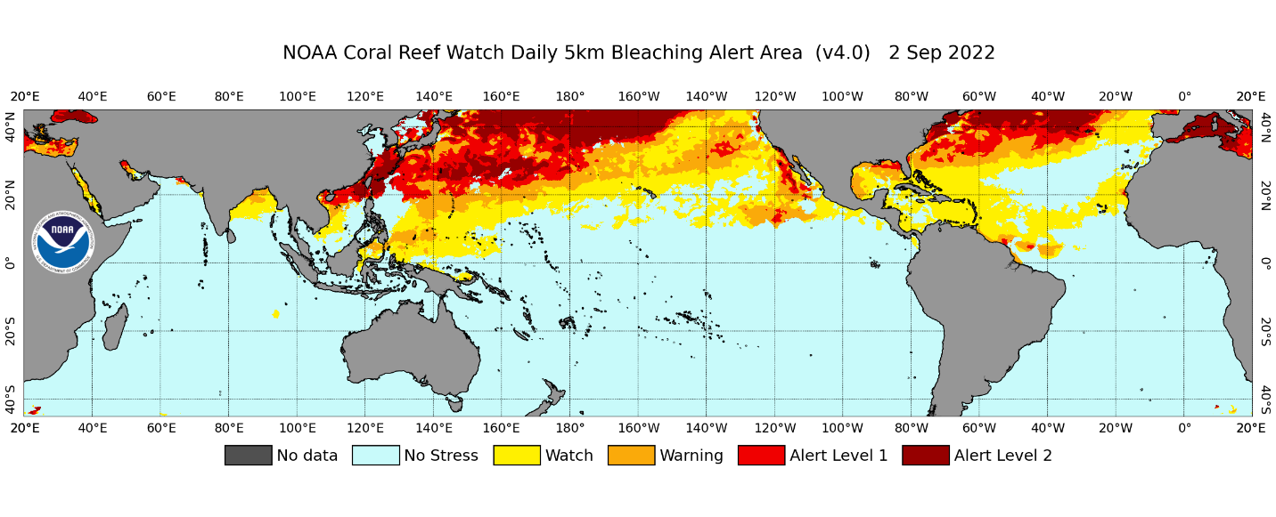 Caption: Example experimental v4.0 daily global 5km satellite Bleaching Alert Area product map from September 2, 2022.