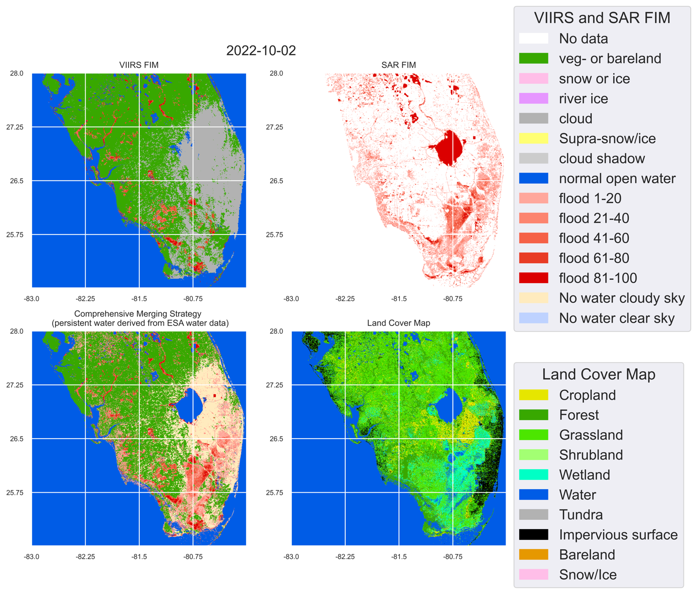 Figure: The VIIRS Flood map, Sentinel-1 SAR Flood map, and the comprehensively blended Flood map on 10/2/2022 reporting flood extent due to Hurricane Ian.
