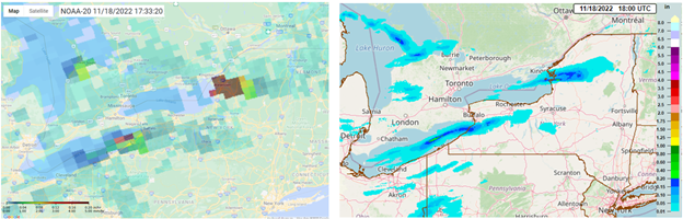 Lake effect snow on November 18, 2022. Left: NOAA-20 SFR at 17:33 UTC; right: gauge-corrected Multi-Radar Multi-Sensor (MRMS) precipitation analysis at 18 UTC.