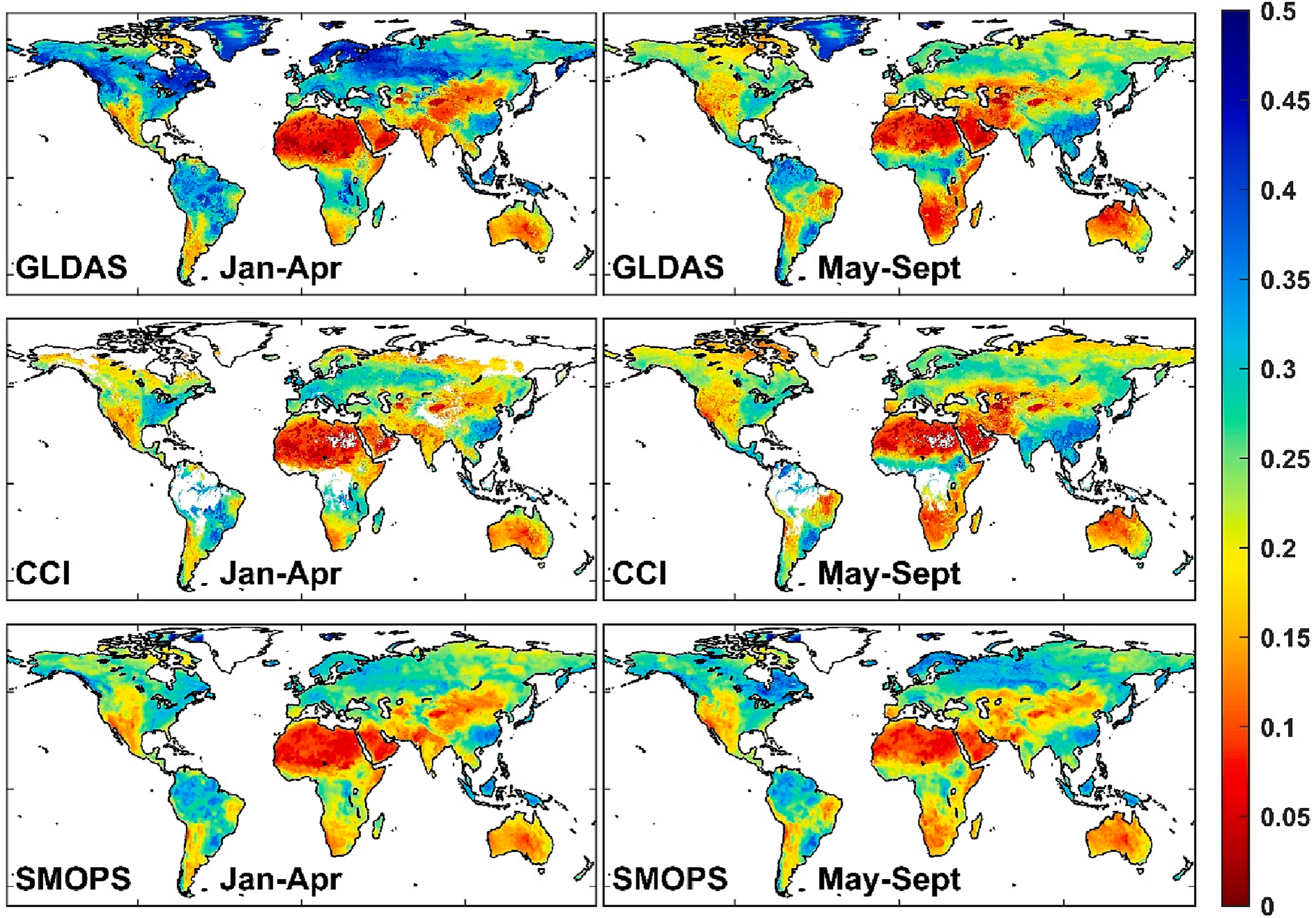 Caption: Season-averaged soil moisture (m3/m3) for GLDAS, CCI and SMOPS over the 2015- 2018 period with left and right columns for cold (January-April) and warm season (May- September), respectively.
