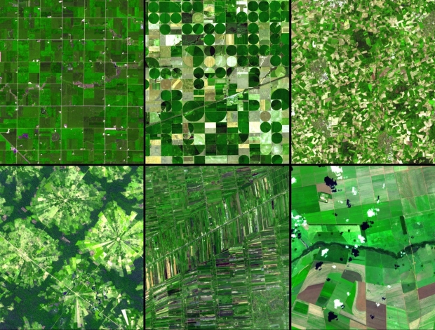 Around the world, agricultural practices have developed as a function of topography, soil type, crop type, annual rainfall, and tradition. Featured above (clockwise from the upper left) are agricultural lands in Minnesota, Kansas, northwest Germany, southern Brazil, Bangkok, Thailand, and eastern Bolivia. Image courtesy of NASA/METI/AIST/Japan Space Systems, and U.S./Japan ASTER Science Team.