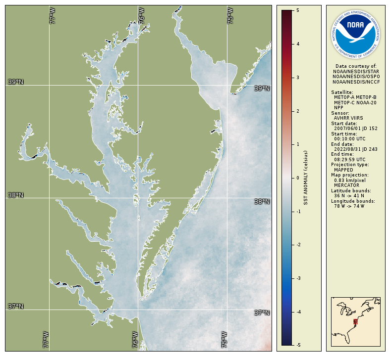 Summer 2023 water temperature anomaly map for Chesapeake Bay shows a 1 degree C decrease in temperature compared to a 2007-2022 baseline, indicating favorable conditions for several key fish species, according to the seasonal fishery impacts report released by the NOAA Chesapeake Bay Office and containing data generated by UMD/ESSIC/CISESS.