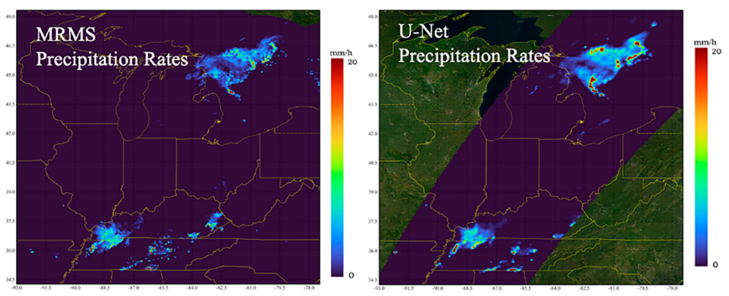 Figure: Precipitation system observed at 0725 UTC 11 Aug 2020, over the U.S. Midwest. MRMS surface precipitation product (observations) on the left and U-Net output on the right.