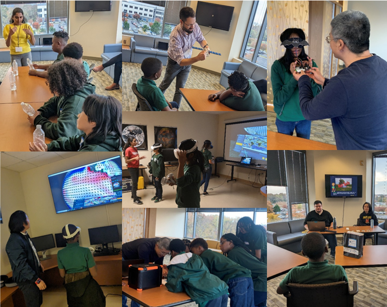 Caption:: A 6th grade class from New Hope Academy visited ESSIC/CISESS on 11/7/2023. (Top from left to right) Malar Arulraj explains how to “make a cloud in a bottle”; Veljko Petković uses a Lego model to teach about satellites; Hu Yang leads student a wearing “bat eyes”. (Center) Intern Ashmita Pyne instructs students wearing VR headsets. (Bottom from left to right) Guangyang Fang explains VR visualization; Hu Yang demonstrates an ultrasonic breadboard; Joseph Patton & Daile Zhang teach a lightning safety game. (Center photo by G. Fang; Top right and bottom center photos by K. Cooney; all other photos by A. Hughes.)