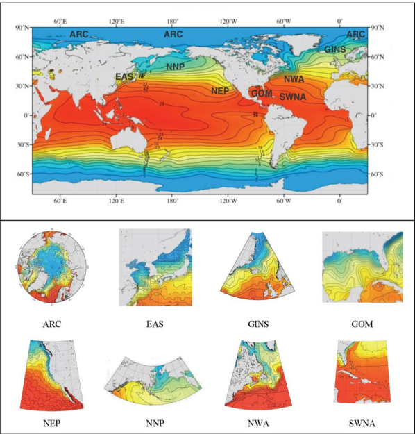 Figure 1: NCEI regional climatologies completed to date marked on the sea surface temperature field from World Ocean Atlas (WOA18). The abbreviations of the regional climatology names are: ARC - Arctic Regional Climatology, EAS - East Asian Seas, GINS - Greenland, Iceland, and Norwegian Seas; GOM - Gulf of Mexico version 2; NEP - Northeast Pacific, NNP - Northern North Pacific; NWA - Northwest Atlantic, and SWNA - Southwest North Atlantic.