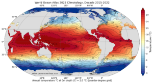 WOA23 annual mean sea water temperature for the 2015-2022 time period on 0.25 grid.