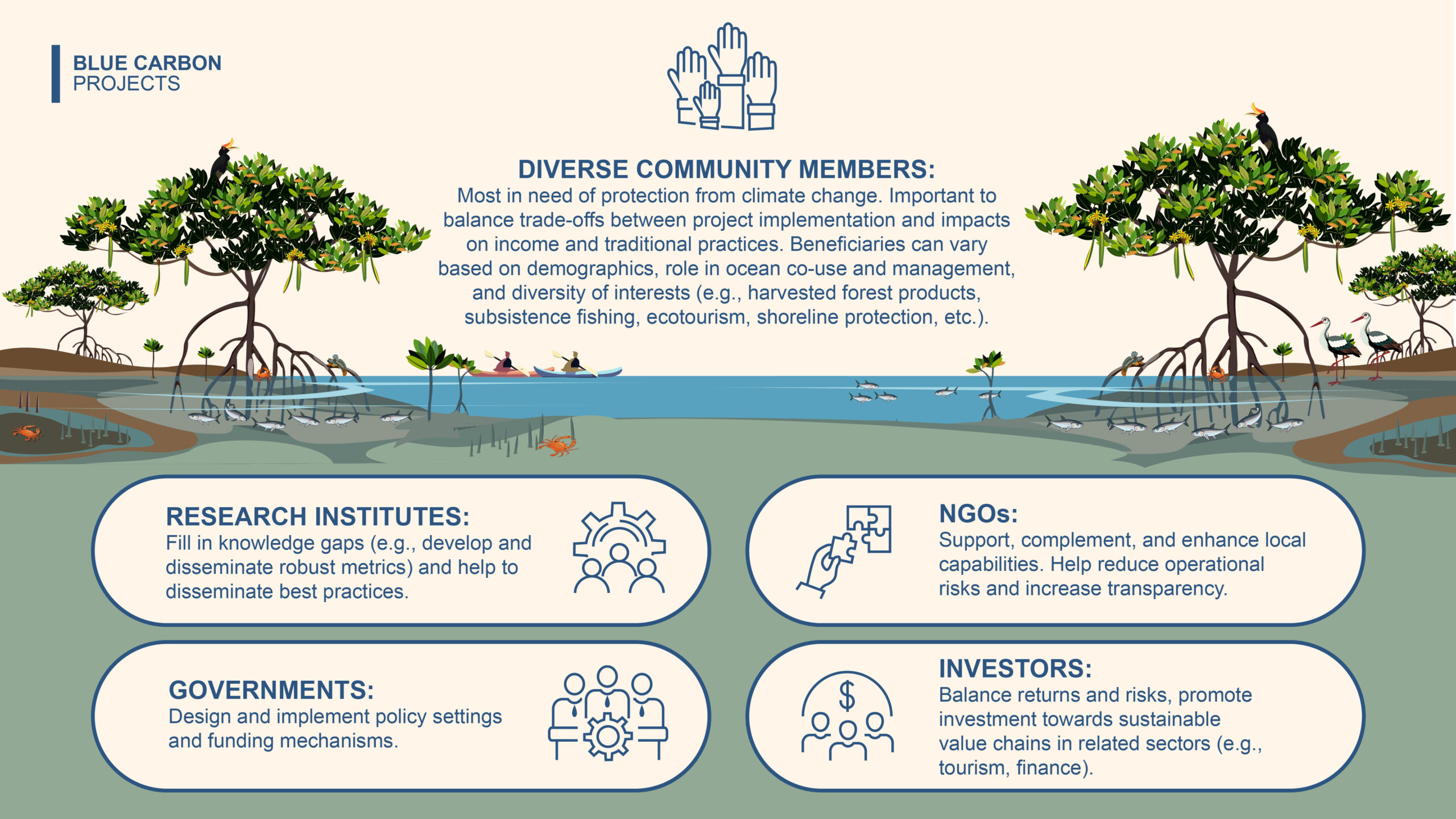 Key actors and their roles in implementing blue carbon projects in estuarine and coastal ecosystems, with a focus on communities as beneficiaries