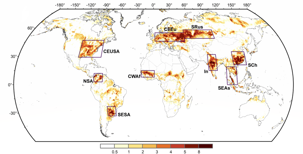 Annual frequency of agricultural flash drought events (number of events per decade) from 1960-2020. Hotspots are indicated by boxes.