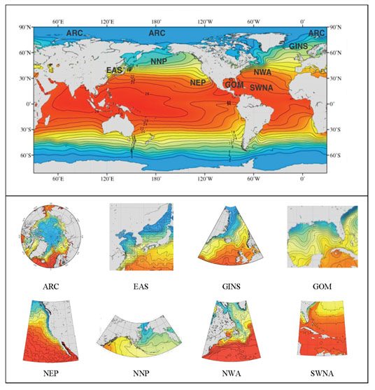 Figure 1: NCEI regional climatologies completed to date marked on the sea surface temperature field from World Ocean Atlas (WOA18). The abbreviations of the regional climatology names are: ARC - Arctic Regional Climatology, EAS - East Asian Seas, GINS - Greenland, Iceland, and Norwegian Seas; GOM - Gulf of Mexico version 2; NEP - Northeast Pacific, NNP - Northern North Pacific; NWA - Northwest Atlantic, and SWNA - Southwest North Atlantic.